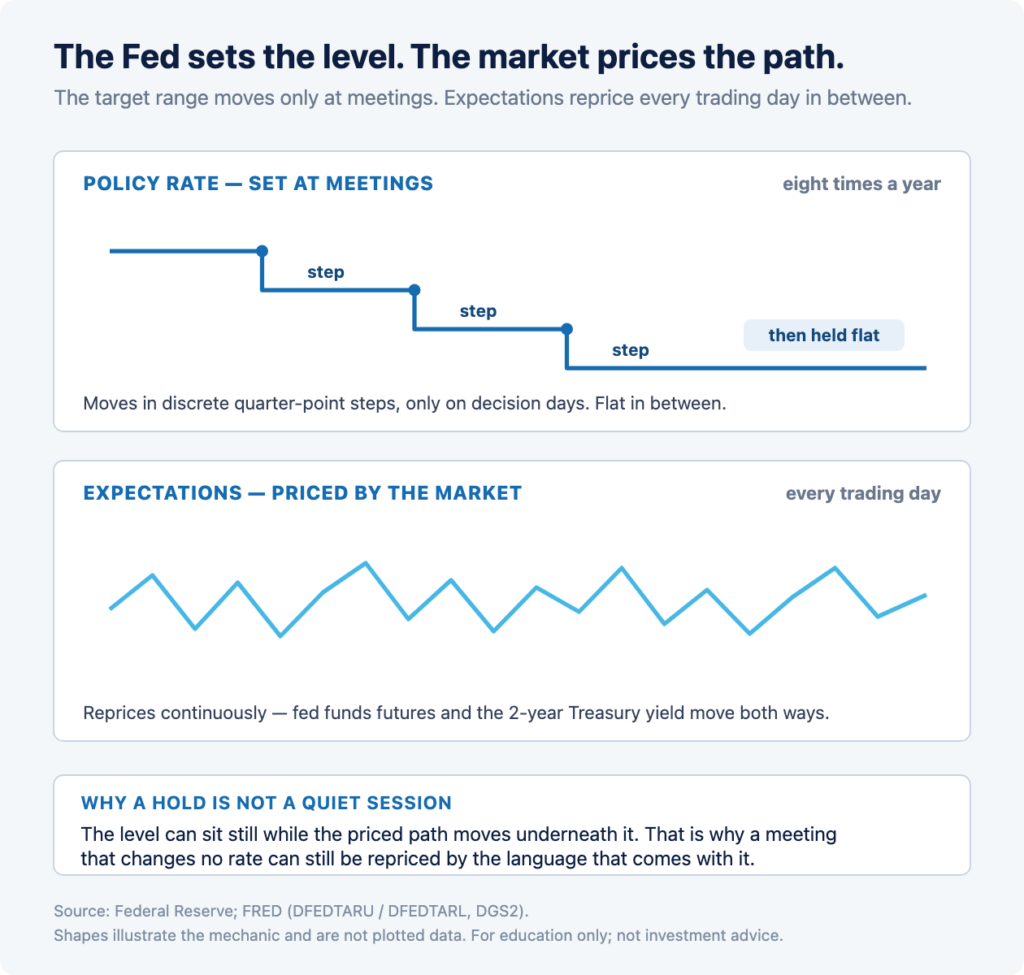 Two stacked panels contrasting a stepped policy-rate line that changes only at meetings with a continuously oscillating expectations line.